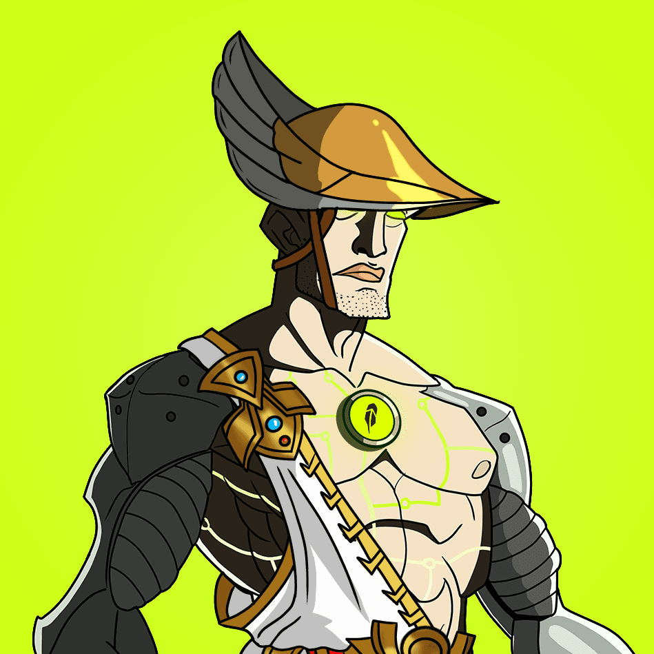 Titan in a winged bronze helmet with a cybernetic arm and a glowing green chest core