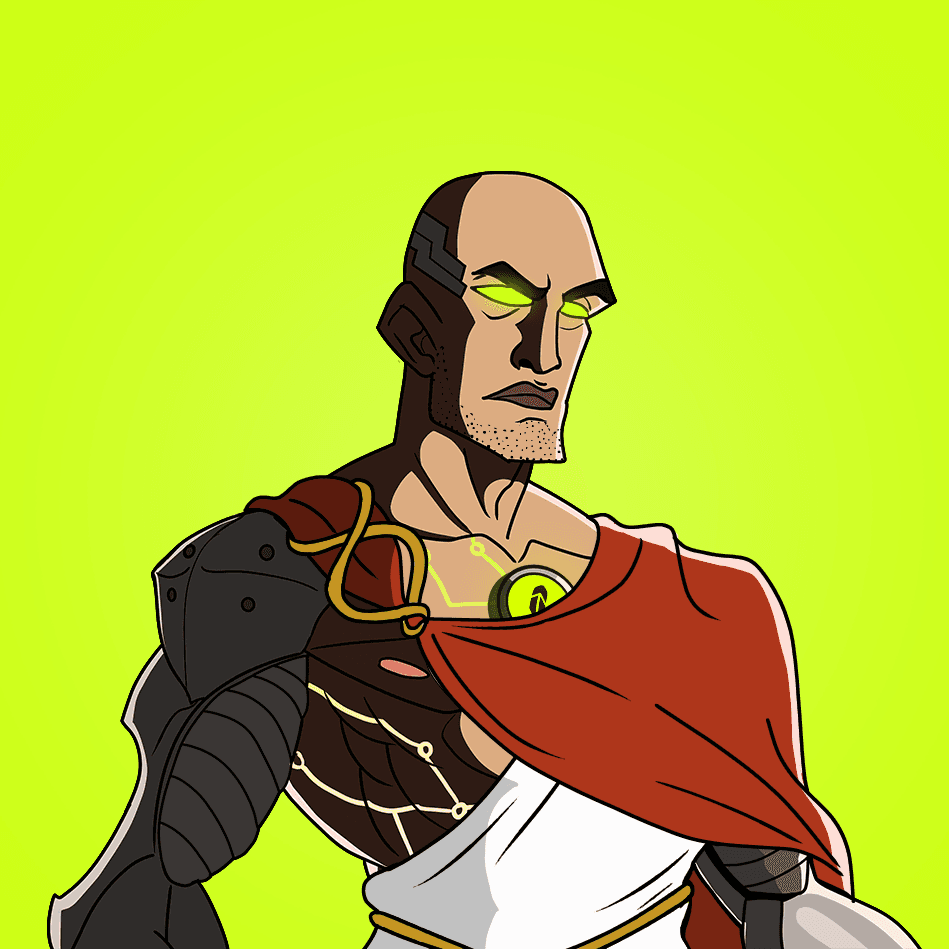 Bald Titan with glowing green eyes, a dark red cloak, and cybernetic shoulder armor