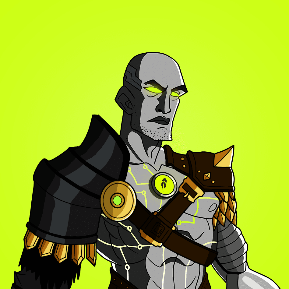 Grey-skinned Titan with spiked shoulder armor, a gold arm band, and a braided ponytail